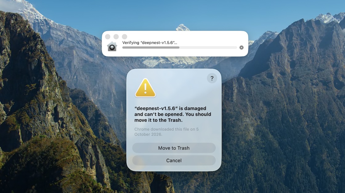 macOS warning stating that deepnest-v1.5.6 is damaged and cannot be opened